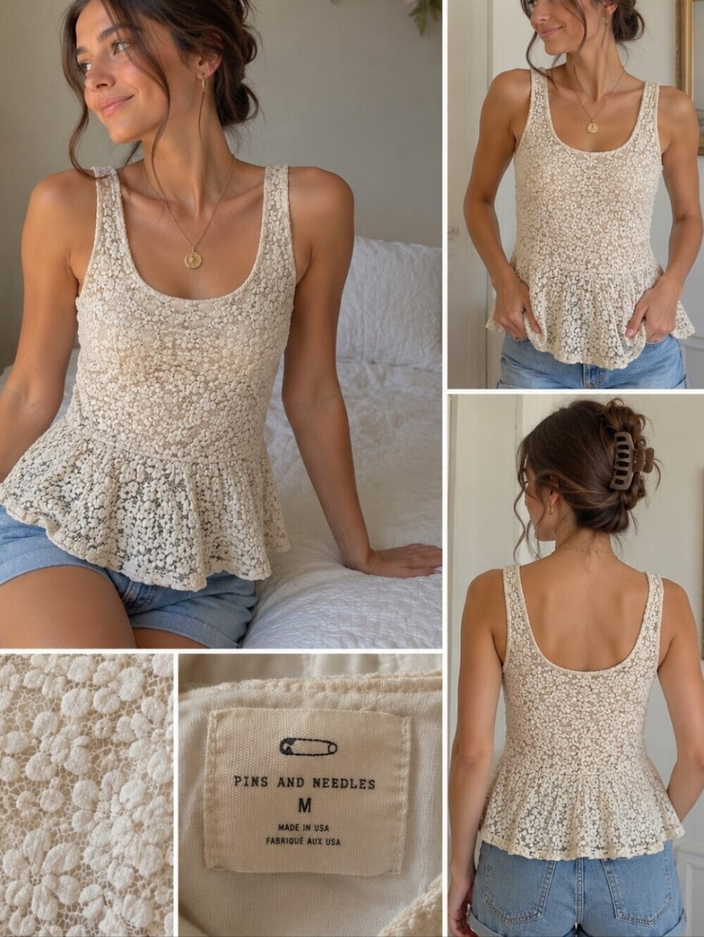 Pins and Needles Cream Floral Lace Babydoll Peplum Tank Coquette Boho M